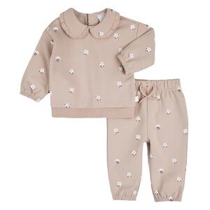 PETIT LEM Firsts Organic Cotton Flower Fleece Outfit Set, Soft Neutral Pink, 9M